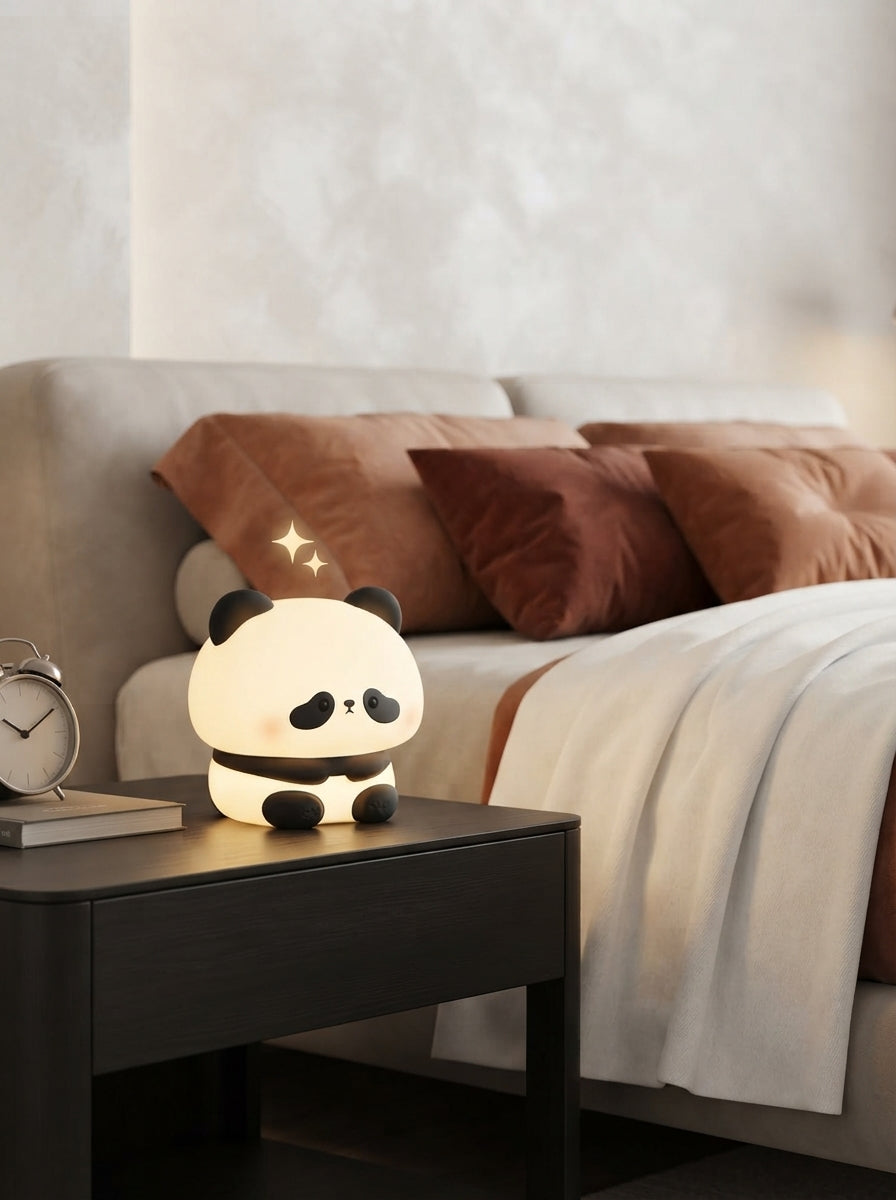 A soft glowing panda night light on a modern bedside table in a cozy, elegantly styled bedroom with terracotta and white acce